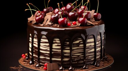 Wall Mural - Celebratory Birthday Cake Adorned with Rich Chocolate Frosting and pieces of Cherry Decoration,