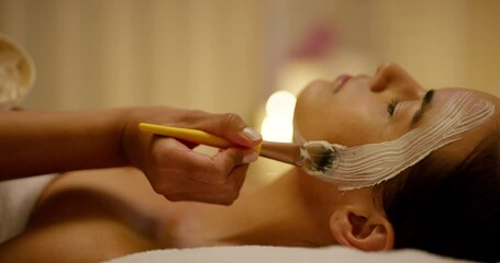 Sticker - Relax, spa and woman with face mask for beauty, health and wellness dermatology treatment. Luxury, self care and closeup of female person with facial mud for healing routine in a peaceful salon.