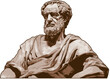Great greek philosopher Aristotle. Vintage portrait in grunge style, vector monochrome sepia color drawing. Ancient scientist tutored Alexander the Great