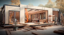 Construction Of New And Modern Prefabricated Modular House From Wood Panels