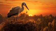 A Stork In Its Nest, Cradling Its Young Against The Golden Hue Of A Setting Sun.