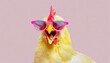 © Martin - screaming yellow Chicken hen in sunglass transparent pink glasses isolated on solid pastel