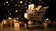 golden shopping cart with many gift boxes on dark background with glittered bokeh, Black Friday concept, discount and sale.