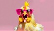 © Martin - screaming yellow Chicken hen in sunglass transparent pink glasses isolated on solid pastel