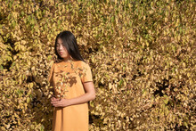 Asian Girl In Yellow Dress Standing Near Autumn Foliage Bush