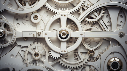 white gears, teamwork business abstract background texture a lot of gears complex mechanics mechanism work, light metal or plastic