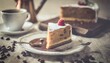 piece of torte, one cherry on top, cop of coffee, food photography, top view
