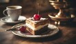piece of torte, one cherry on top, cop of coffee, food photography, top view