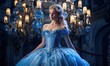  fairytale princess wearing blue gown with candle light chandelier as background, Generative Ai
