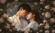 illustration portrait of man and woman romantic scene of couple lover together in secret flower garden, Generative Ai