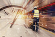 © Quality Stock Arts - warehouse worker hurry quick ship products sending in time clock business working hours overlay supply delivery shipping fast speed concept