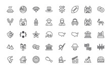 Outline Icons Set From United States Of America Concept. Editable Vector Such As Pumpkin Pie, Made In Usa, Thanksgiving Peacock, Usa Shield, Government, Pacific Ocean, Burger Icons.