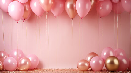 Wall Mural - a wall decorated with balloons in delicate soft pastel pink colors