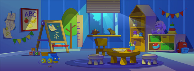 Wall Mural - Kindergarten classroom at night cartoon interior. Preschool room for kid with toy, table and chair. Painting activity, recreation and education indoor furniture and moonlight from window concept.