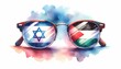 Watercolor painting of a pair of glasses with the Israel and Palestine flags, AI-generated.