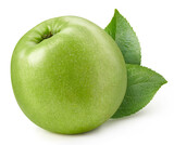Fototapeta Mapy - One ripe apple with green leaf clipping path