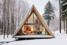A Modern A-frame Cabin In The Woods Made Of Wood And Glass, Triangular, Snowy Forest With Trees, Large Glass Window In The Front, Natural Light