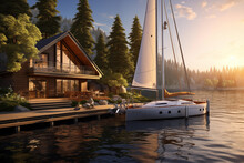 Modern Residence By The Lake, With The Yacht Moored To The Quay