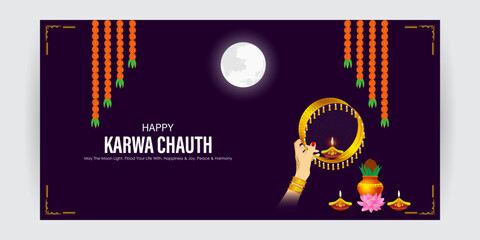 Wall Mural - Vector illustration of Happy Karva Chauth social media feed template