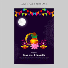 Wall Mural - Vector illustration of Happy Karva Chauth social media feed A4 template