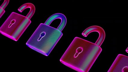 Wall Mural - Row of 3D red glowing unlocked padlocks with one locked blue padlock. Cyber security, hacker attack and digital data protection abstract concept. Looped 4K animation of information privacy in internet