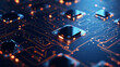 close up microchip circuit interior of a computer with neon lights in detail, circuit board. 3d rendering  of futuristic blue circuit board