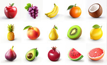 Set 3d Icon. Pictured: Apple, Grapes, Banana, Orange, Coconut, Pineapple, Peach, Pear, Kiwi, Lemon, Fig, Avacado, Grant, Watermelon, Grapefruit On The White Background. 