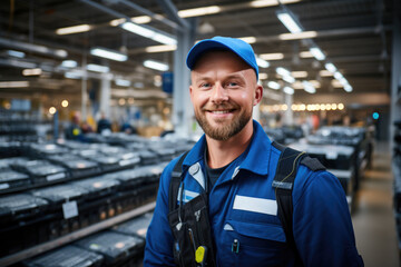 Poster - Man standing in warehouse filled with wide array of electronics. This image can be used to depict technology, electronics industry, warehousing, or person working with electronics