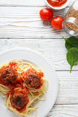 Wall Mural - Pasta with meatballs, concept of tasty and delicious food