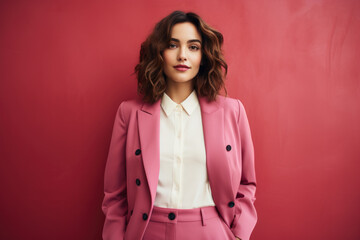 Poster - Woman wearing pink suit strikes pose for photo. This image can be used in various contexts, such as fashion, business, or professional profiles