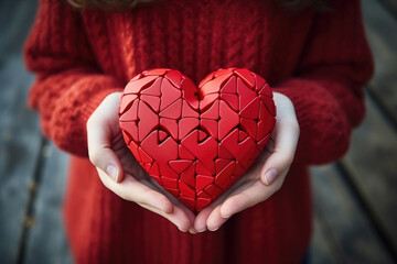 Wall Mural - Woman is seen holding red heart made of broken pieces. This image can be used to represent broken heart, heartbreak, love gone wrong, or process of healing after breakup