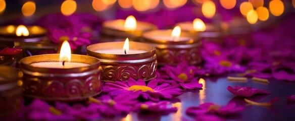 Wall Mural - Happy Diwali background, web banner. Diwali Hindu festival of lights celebration. Colorful traditional Diwali red and purple oil Clay Diya lamps and flowers on bokeh lights background, web banner