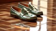 Classic loafers on a polished floor, reflecting the surrounding muted colors.