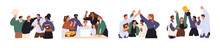 Coworkers Congratulate Team Set. Diverse Business Groups Celebrate Corporate Success. Happy People, Workers Rejoice At Best Deal Together. Flat Isolated Vector Illustration On White Background