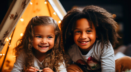 Joyful children playing at home, building a tent from a blanket, happy childhood concept