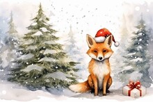 Cute Christmas Fox In Winter Landscape Watercolor Design