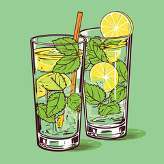 Wall Mural - Mojito in a glass. Alcohol or non-alcoholic cocktail. Classic cocktail with lime, mint and ice. Vector