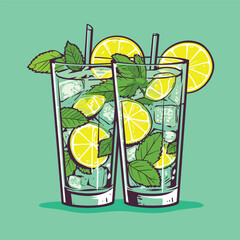 Wall Mural - Mojito in a glass. Alcohol or non-alcoholic cocktail. Classic cocktail with lime, mint and ice. Vector