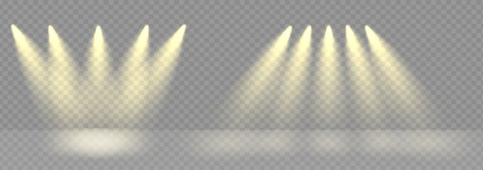 Poster - Scene spot lights as stage background. Golden rays shine bright in night party studio or theater show. Disco projector flare with yellow cinema floodlight.