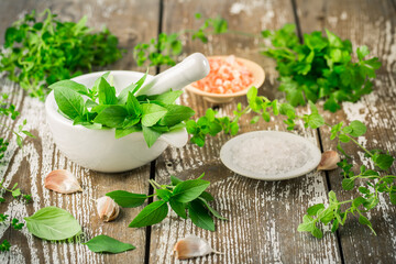 Poster - Thai basil and spicy herbs with Himalayan salt for healthy cooking