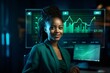 © JAYDESIGNZ - Black woman in business, smile in portrait and computer screen with charts and graph, project information and analysis. Data analyst