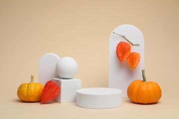 Sticker - Autumn presentation for product. White geometric figures, pumpkins and physalises on beige background