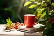 Generative AI : A vibrant red cup with a sturdy handle is poised against a backdrop of lush green leaves