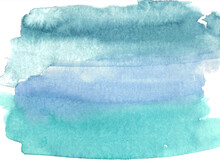 Morning Winter Sky Concept. Background Of Three Horizontal Stripes In Shades Of Blue, Lilac And Turquoise. Hand Drawn Watercolor Illustration On White Background