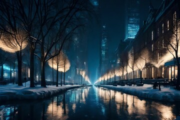 Wall Mural - A cold snowy winter evening in village 