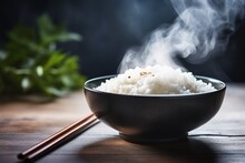 Generative AI : Japanese Rice, Cook Rice. Close Up Natural Steaming Cooked Japanese White Rice In Black Bowl With Chopstick On Black Background