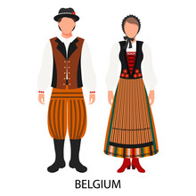 Couple Man And Woman In Belgian Folk Costumes. Culture And Traditions Of Belgium. Illustration, Vector