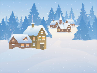 Wall Mural - Vector illustration of a snowy village, Christmas card background