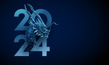 Abstract Blue Head Of Dragon And Number 2024. Animal Chinese Symbol Of The Year. Low Poly Style.