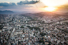 Aerial View Of Sarajevo City At Sunset In Bosnia And Herzegovina.
